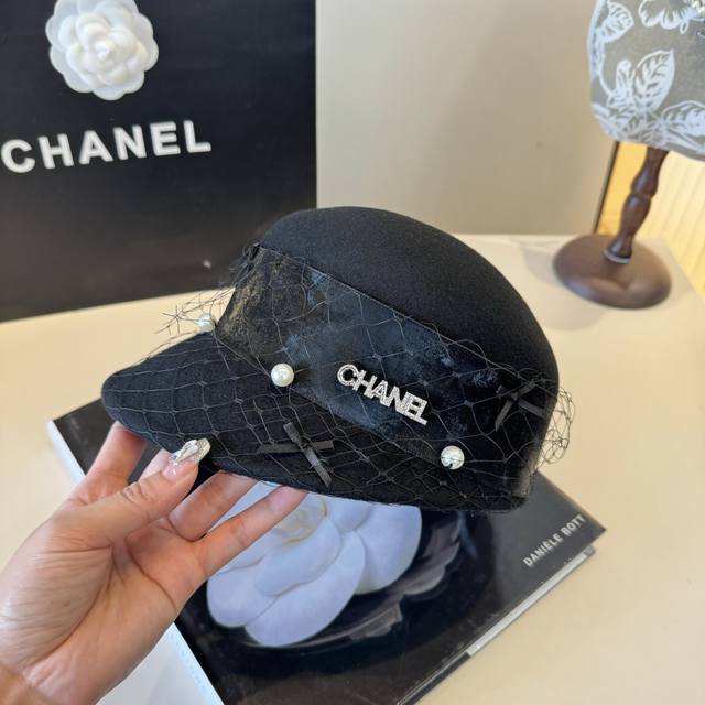 Chanel香奈儿网纱羊毛鸭舌帽军帽，洗水皮帽檐，百分百%羊毛，头围57Cm