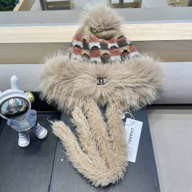 Chanel小辫子毛线帽保暖提花方块拼色大毛边套头帽加绒显脸小防寒冷帽