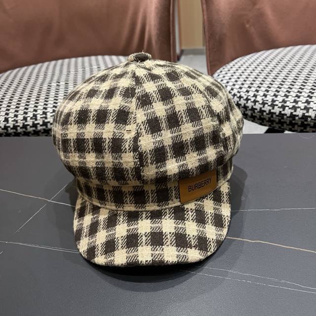巴宝莉Burberry 2025秋冬季格子八角帽显脸小贝雷帽学生画家报童帽百搭