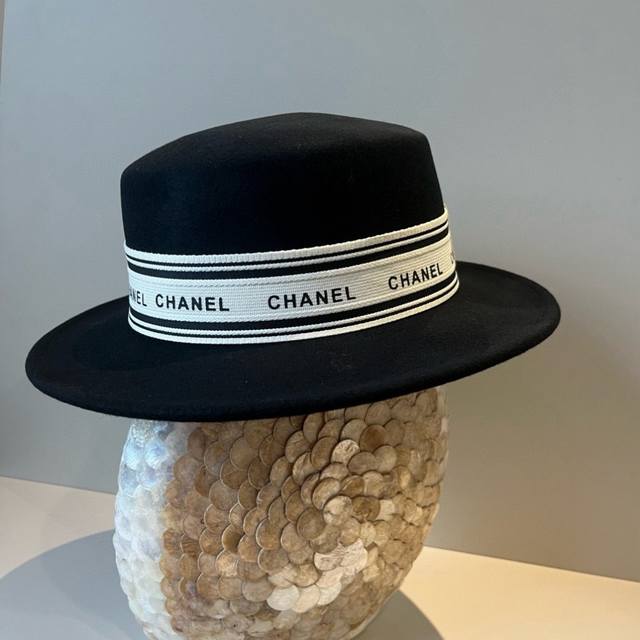 黑色 Chanel香奈儿秋冬新款羊毛礼帽，平顶礼帽，百分百羊毛%面料，头围57Cm