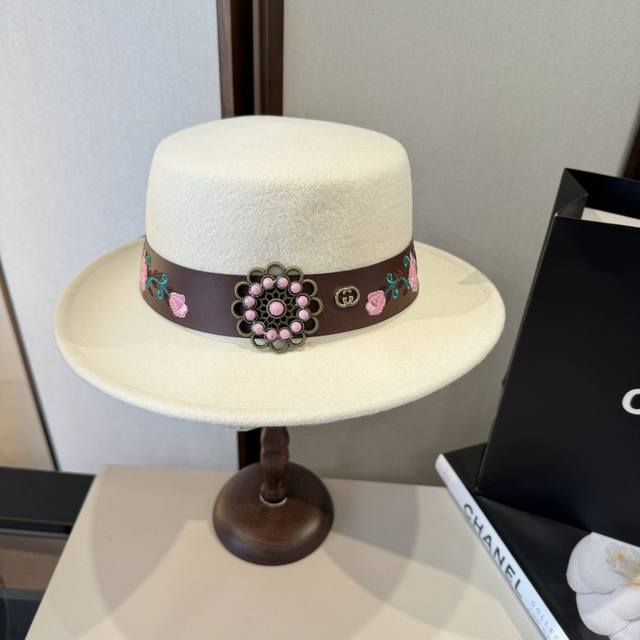 白色 Gucci古奇新款羊毛礼帽，平顶礼帽，百分百羊毛面料%，头围57Cm