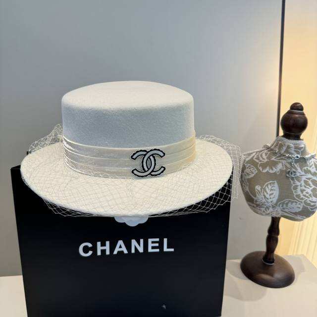 白色 Chanel香奈儿羊毛平顶，网纱帽，百分百羊毛面料%头围57Cm