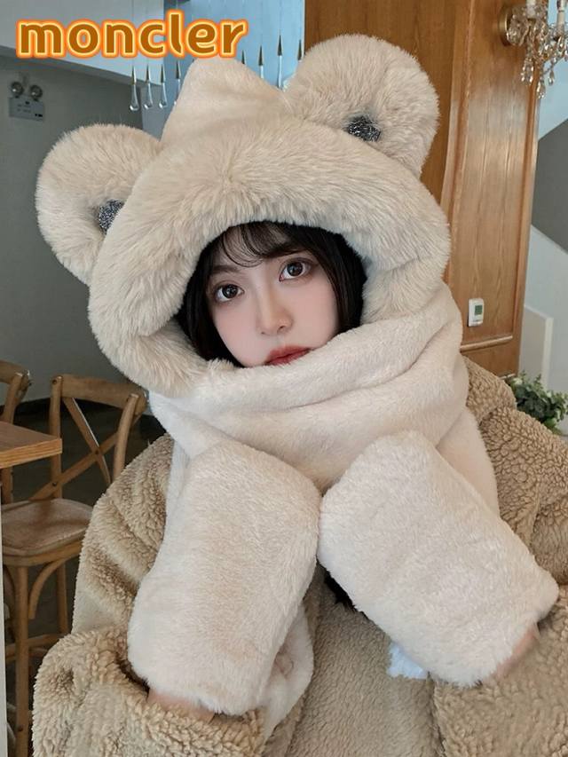 Moncler咖色小熊耳朵帽子围巾一体女冬季韩式可爱毛绒保暖手套三件套围脖