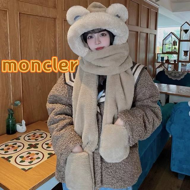 Moncler咖色小熊耳朵帽子围巾一体女冬季韩式可爱毛绒保暖手套三件套围脖