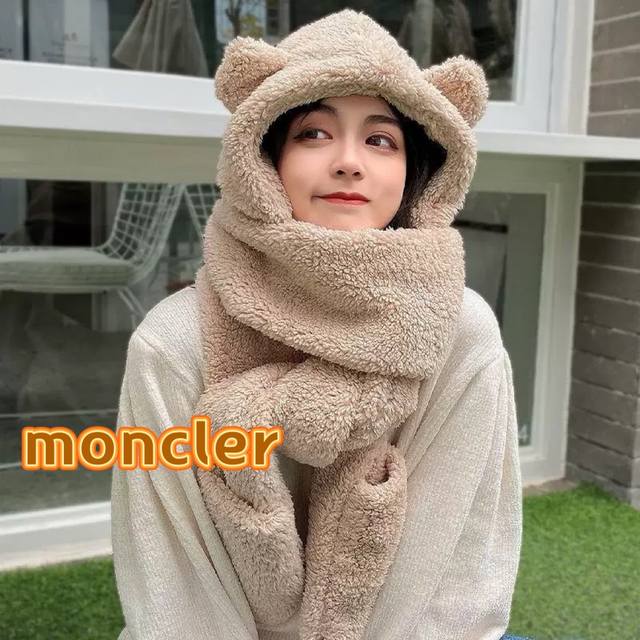 Moncler韩国小熊羊羔毛帽子手套围巾三件一体可爱帽子女冬季保暖护耳加厚