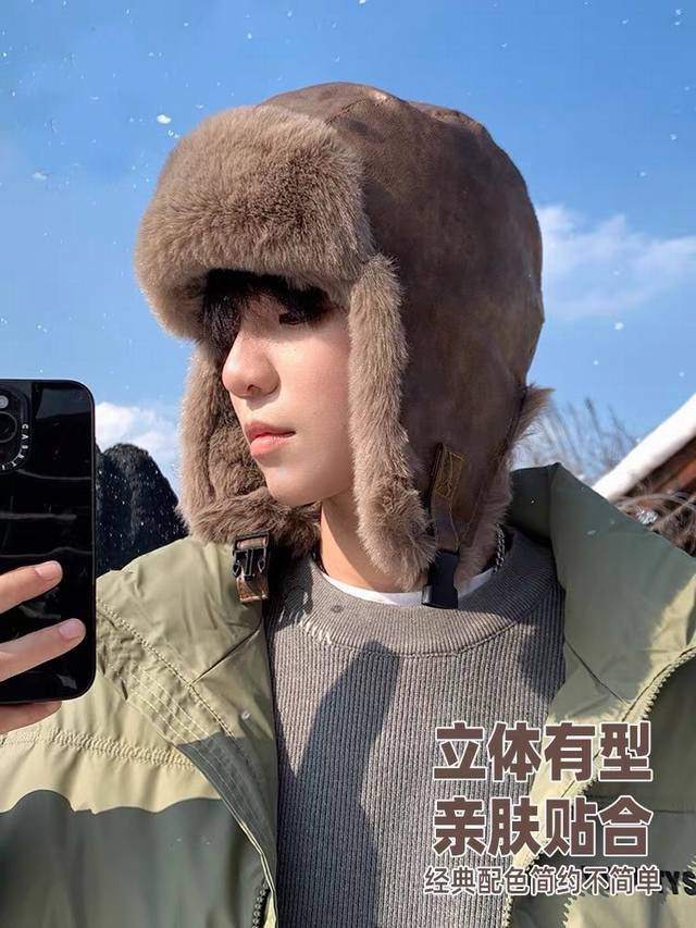 Moncler蒙口飞行员雷锋帽男女秋冬季保暖加厚护耳帽户外pu皮质