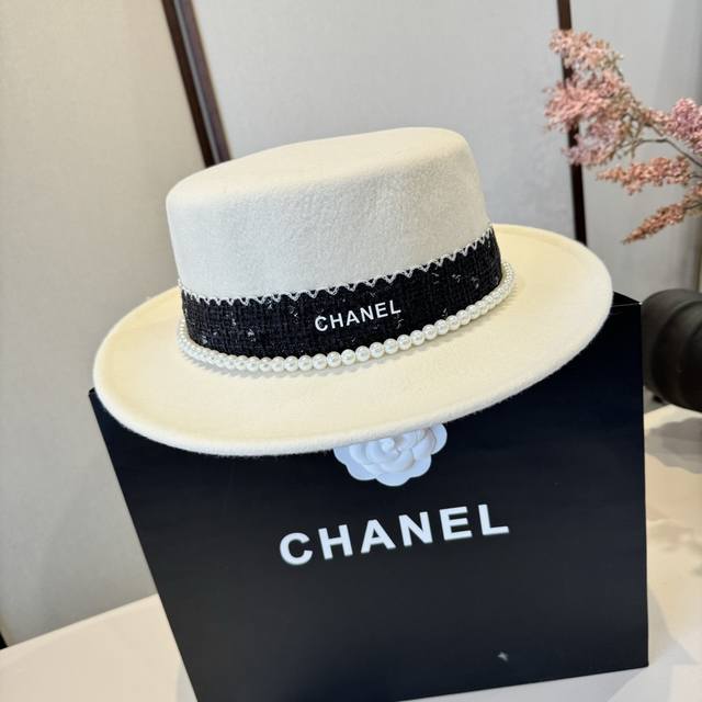 白色 Chanel香奈儿新款羊毛礼帽，平顶礼帽，百分百羊毛面料%，头围57Cm