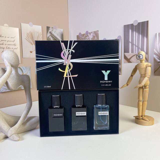 原单品质 圣罗兰黑盒先锋男士中样三件套30Ml×3个，带喷头，内含：黑瓶先锋男士，浓香先锋男士，淡香先锋男士