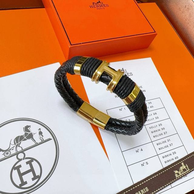 新品发售 爱马仕皮绳手环最新款纯手工皮材质档次更高明星同款Anger Forest系列爱马仕手链经典款系列18K金手链手绳 细节对版做旧处理 非市面沙面版型 这