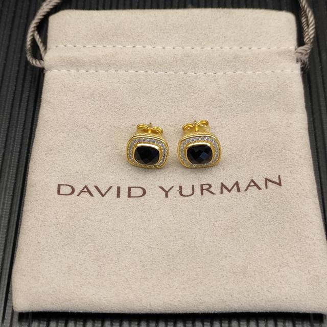 David Yurman 主石7Mm金色 四方钻耳钉黑钻