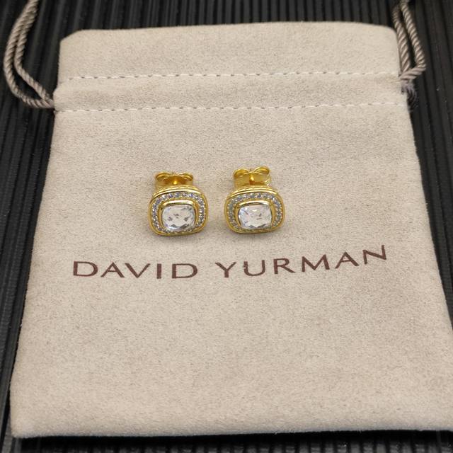 David Yurman 主石7Mm金色 四方钻耳钉白钻。