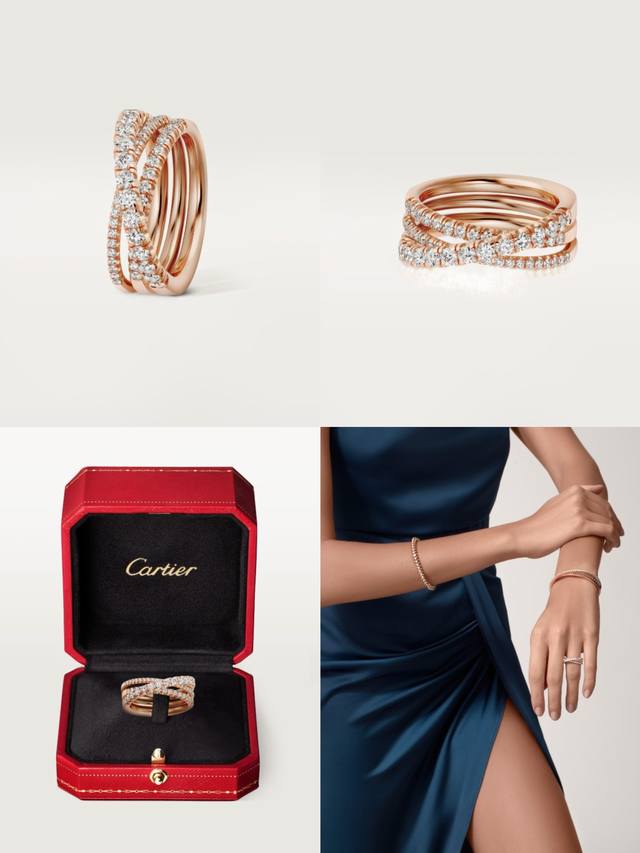 Cartier 卡地亚戒指Etincelle De系列 三环交叉满钻戒指 亚金电镀18K金 微镶高碳钻Size6789 戒指