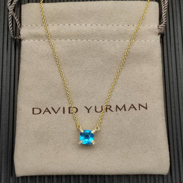 David Yurman 金色主石8Mm四爪蓝钻项链，长度42+3+3Cm延迟链 编号Dyxl-198