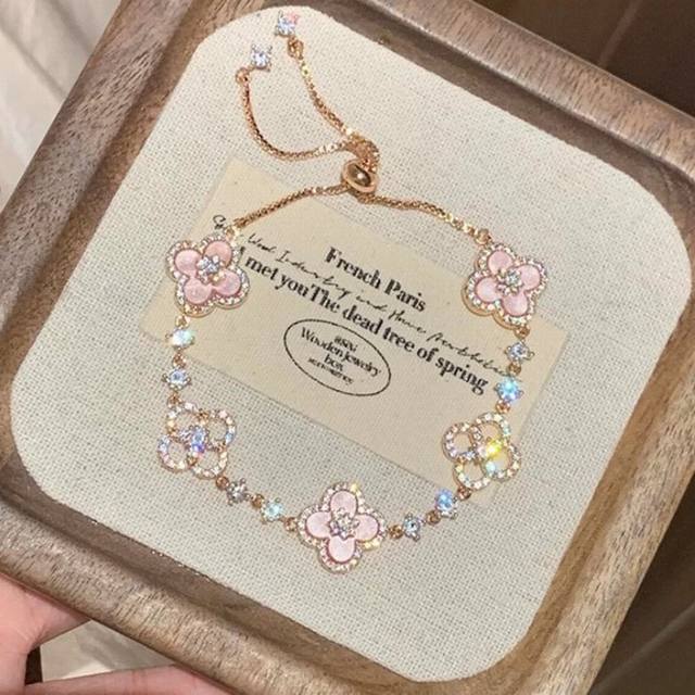 绮梦甜樱 中古粉色贝母四叶草手链微镶锆石镂空高级感轻奢手饰