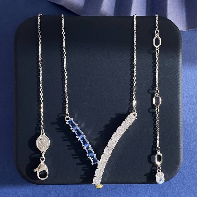 项链Sh93 施华洛世奇时尚设计混合切割蓝色锆石镶钻Y形链坠项链黄铜材料 银色 项链重约6.8G；项链约长46Cm+3Cm+3Cm+0.7Cm尾牌