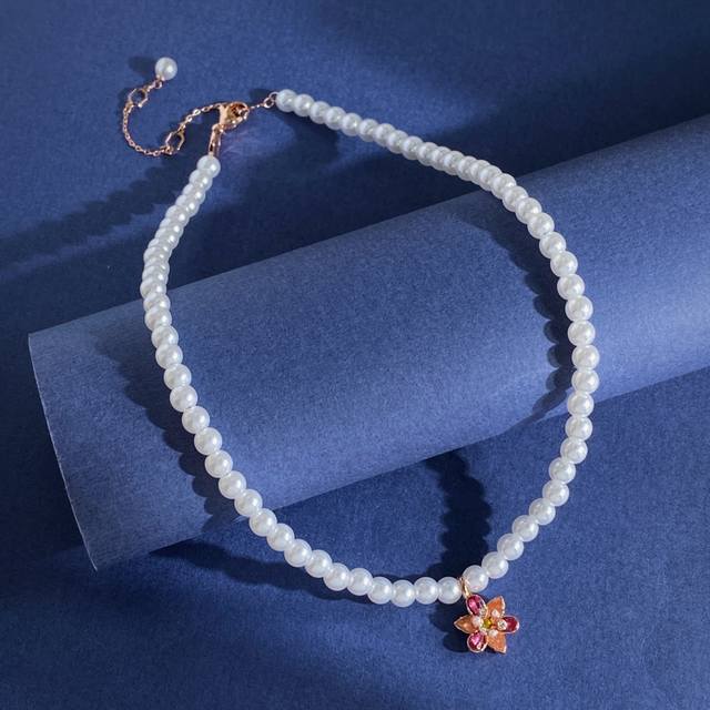 珍珠项链Sh93 施华洛世奇时尚轻奢镶钻彩锆小米珍珠立体花朵吊坠珍珠项链 黄铜材料 玫瑰金色 项链重约10.2G；项链约长40Cm+3Cm+3.5Cm+0.7C