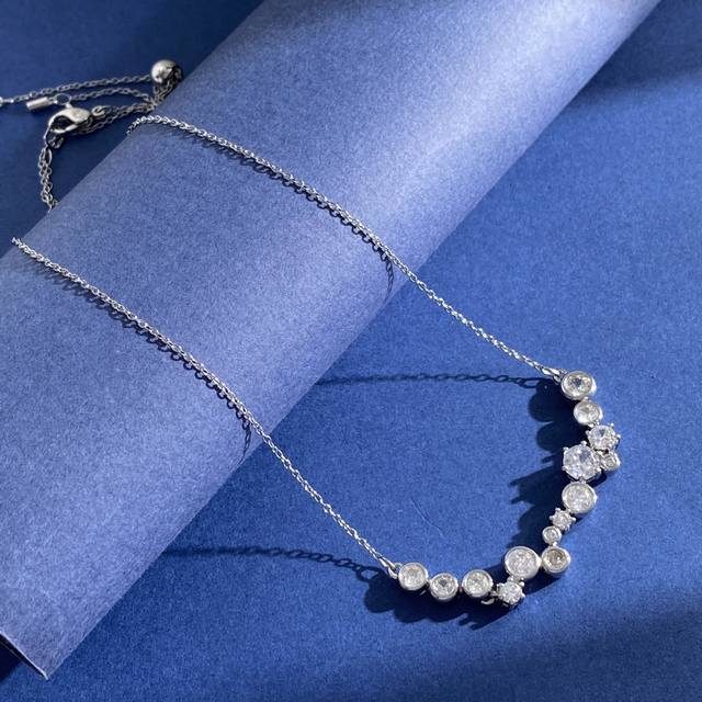 Sh93 施华洛世奇韩版Ins简约时尚大小圆钻排钻吊坠项链可自由调节长短 黄铜材料 银色 重约9.3G