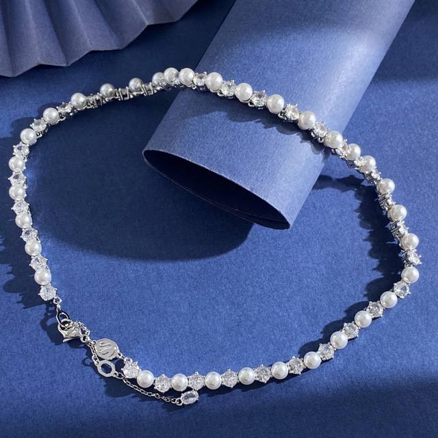 项链Sh93 施华洛世奇时尚气质轻奢圆形切割白钻珍珠项链 黄铜材料 银色 项链重约33.5G；项链约长42Cm+3Cm+2.5Cm+0.7Cm尾牌