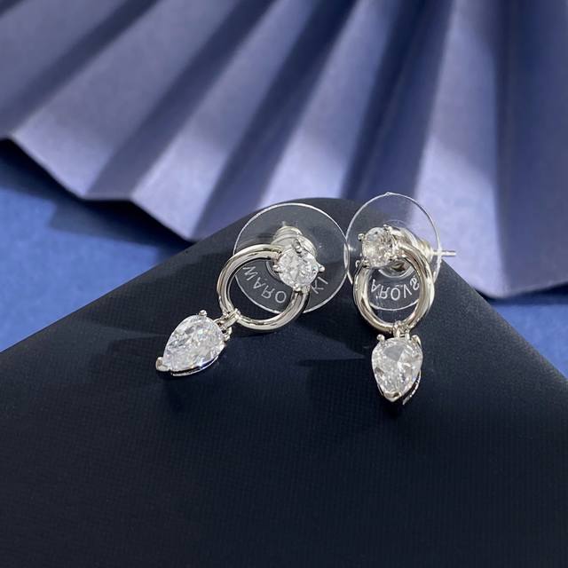 耳钉Sh93 施华洛世奇时尚简约百搭光面圆环圆形钻水滴钻耳钉 黄铜材料 银色 耳钉总长约2.2Cm