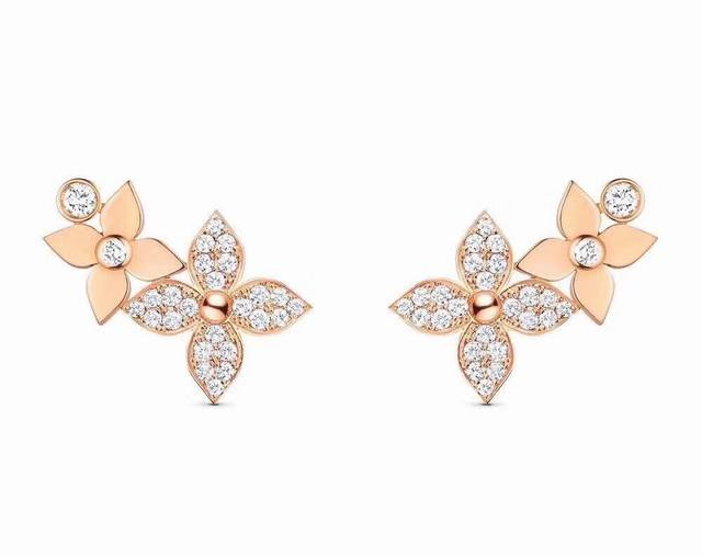 项链 耳钉 代购级别 Louis Vuitio 路易威登Lv 满钻双花耳钉项链四叶草套装 小清新风格 经典耐看百搭单品 精选德国进口亚金材质电镀厚金 简单精致玫