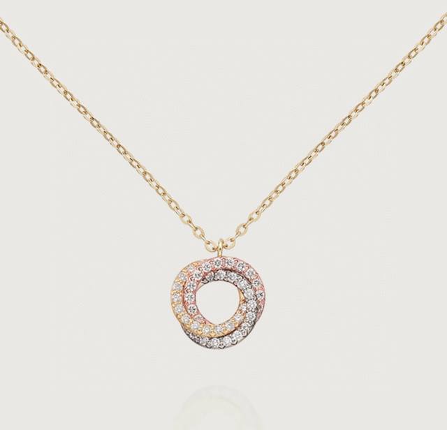 卡地亚 白钻三色三环项链出货 S925纯银材质 精工版本 带Logo 链长45Cm 可调节带尾牌