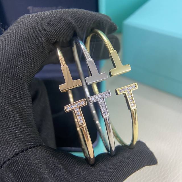 蒂芙尼手镯 新品光面间钻双T手镯