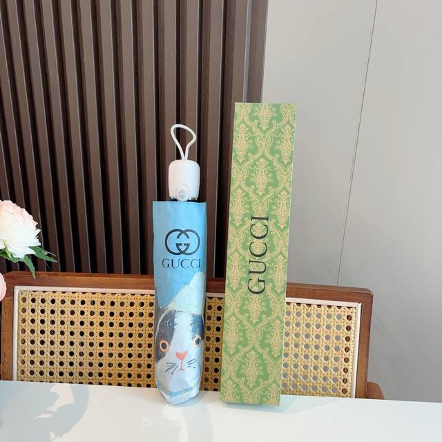 Gucci 古奇 新款 猫咪图案 三折自动折叠晴雨伞 选用台湾进口Uv防紫外线伞布 原单代工级品质