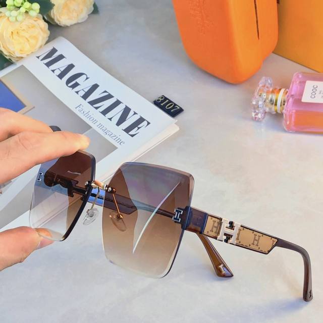 Herme*韩版高级感无框遮阳墨镜女款潮气质圆脸大框显脸小驾驶太阳镜