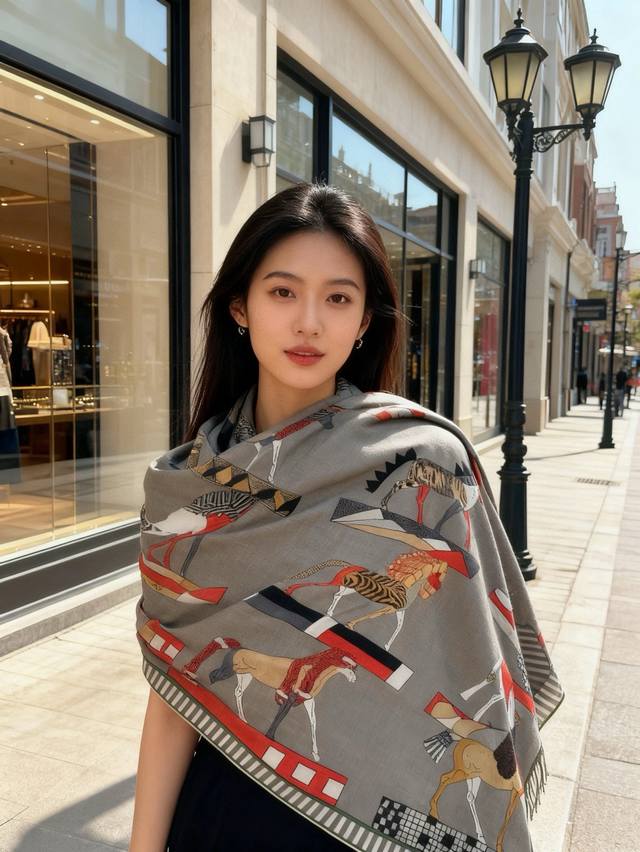 全速前进”140双面丝绒披肩 手工卷边丝毛方巾 30%桑蚕丝70%羊绒 这款经典单品展现强大而迷人的女性魅力精髓。此140方巾推陈出新，诠释无限的情感和自由，以