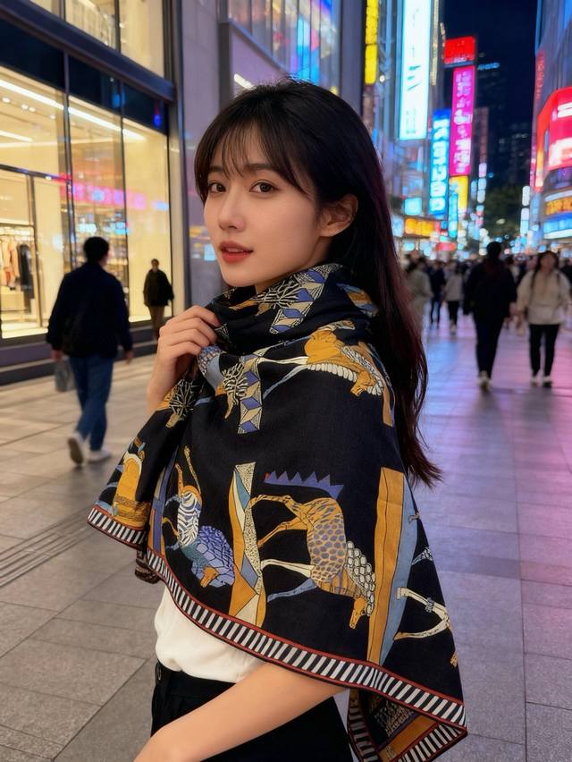 全速前进”140双面丝绒披肩 手工卷边丝毛方巾 30%桑蚕丝70%羊绒 这款经典单品展现强大而迷人的女性魅力精髓。此140方巾推陈出新，诠释无限的情感和自由，以