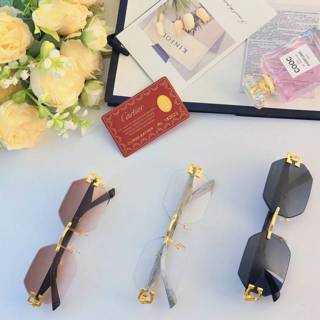 Cartie*新彩色豹子头装饰无框小方型男士太阳镜时尚复古潮流个性跨境墨镜