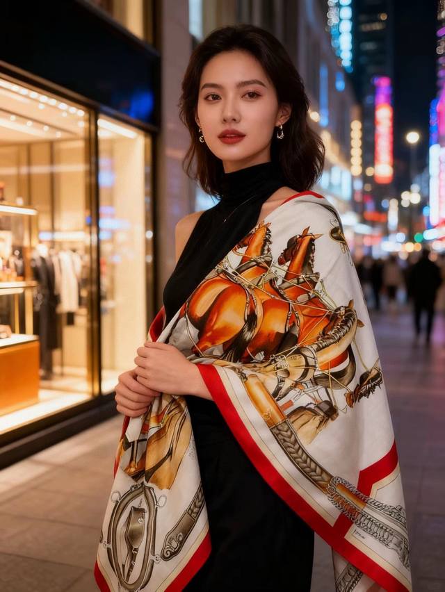 上新 丝绒双面同色140披肩 “弩式牵引马具” 手工卷边丝绒方巾披肩70%羊绒30%真丝 这款典藏方巾展现品牌的历史传承，通过别致的经典色彩向原创设计致敬。作品