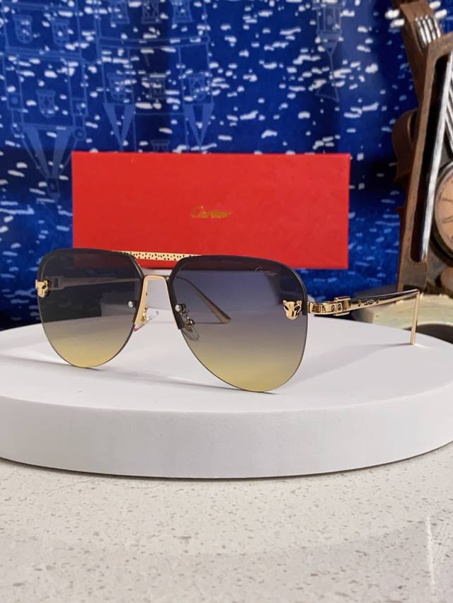 Cartier卡地亚 2025新款 圆框 欧美奢华男女飞行无框雕花太阳眼欧洲站明星同开车防晒墨镜