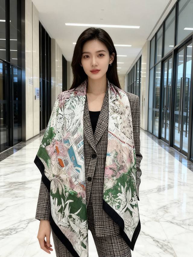 重磅推荐的140顶级丝绒双面异色披肩 回归自然 披肩尺寸：140*140方巾 70%羊绒30%真丝 这张复杂的手绘作品是“View From The Hills