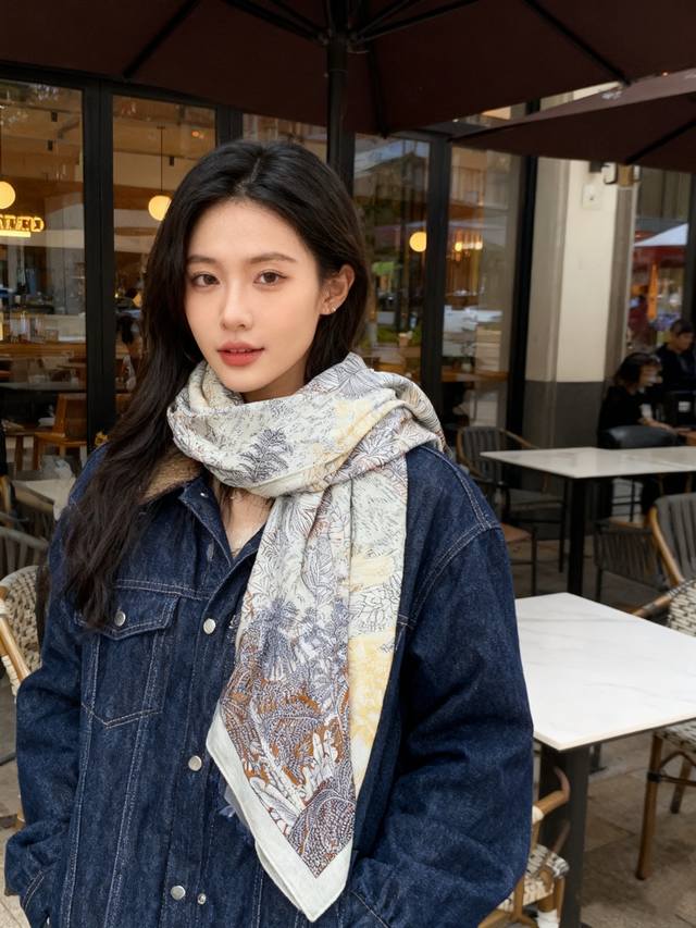 重磅推荐的140顶级丝绒双面异色披肩 回归自然 披肩尺寸：140*140方巾 70%羊绒30%真丝 这张复杂的手绘作品是“View From The Hills