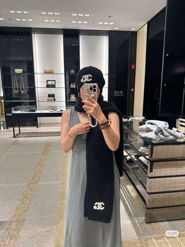 围巾 帽子 小香编织纹路 勾花双C 羊绒螺纹收口围巾套装 可以分开购买 规格35*180 100%羊绒