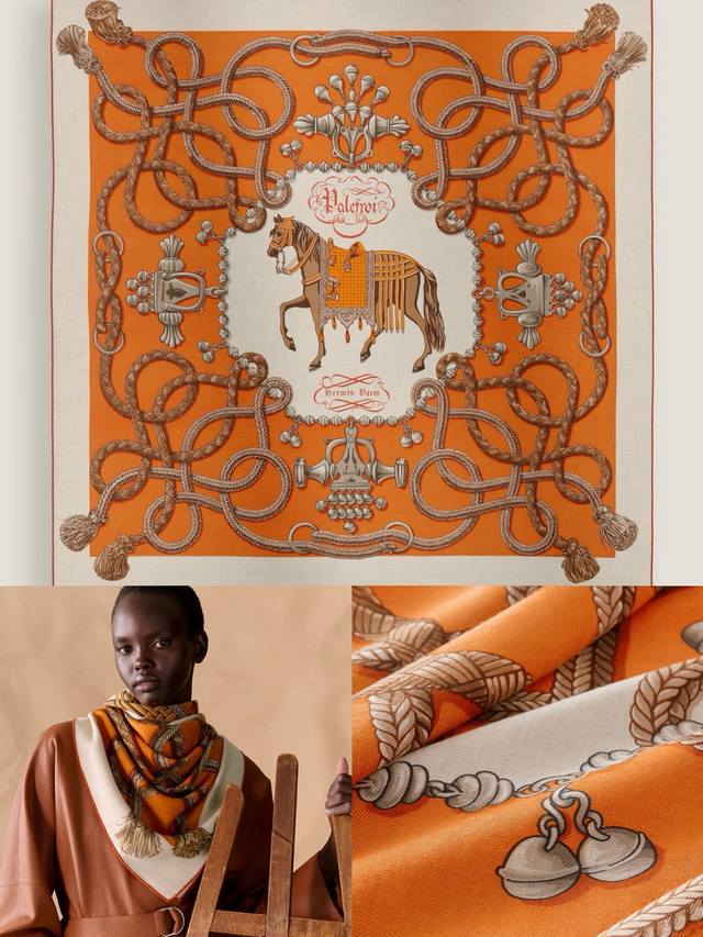 上新“鞍马”140丝毛双面印花140方巾披肩 手工卷边山羊绒和真丝混纺披肩 70%山羊绒，30%桑蚕丝 。 这款迷人的140披肩令您散发内在优雅和从容自信。此柔