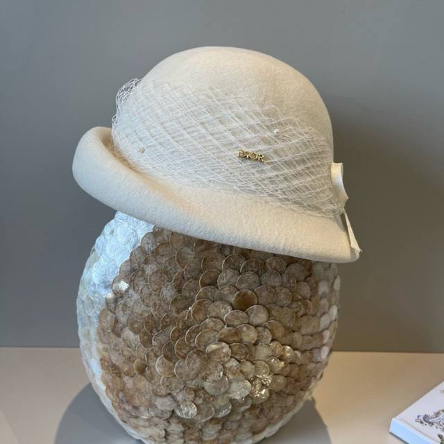 白色 Dior迪奥新款羊毛礼帽，贝雷帽，超级女神范，高级定制礼帽，百分百羊毛%面料 头围57Cm