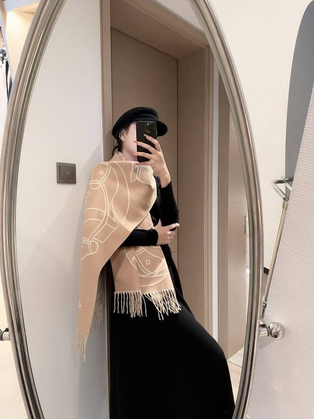 冬天必须要入的一条爱马仕围巾，图案，设计经典且时尚，很是招人喜欢，一见倾心！材质上乘，精致小羊毛+山羊绒，非常柔软，很厚实，可以温暖整个冬天！这几年爱马仕图案的