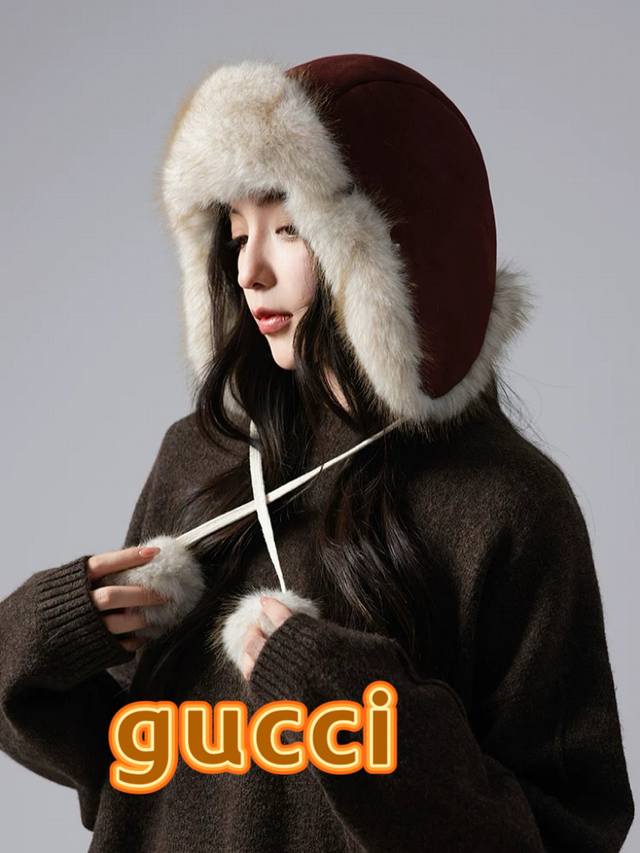Gucci古奇帽子女秋冬季加绒加厚保暖护耳雷锋帽韩版百搭防寒骑行滑雪包头帽