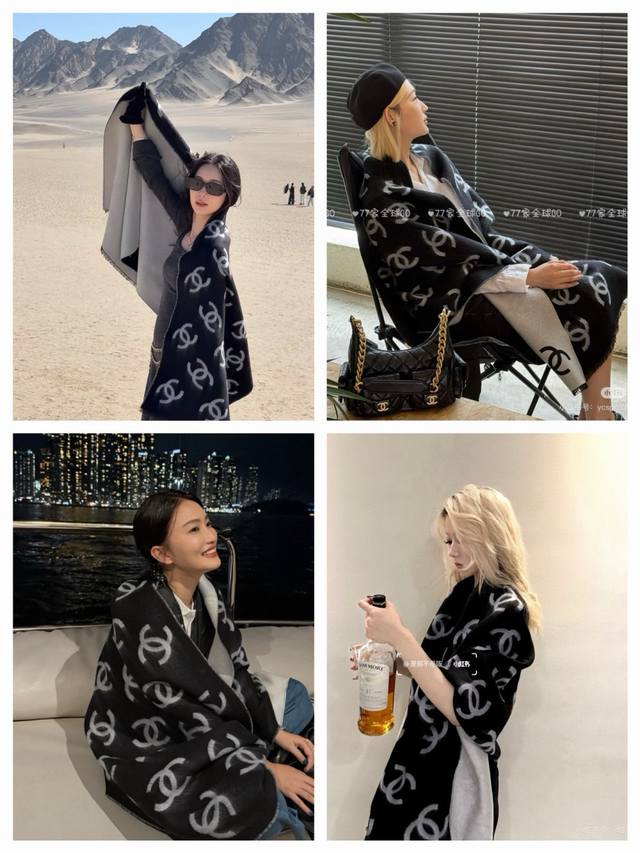 Chanel 香奶奶25B新款双面羊绒围巾披肩，双面设计，一面素色，一面提花满印经典双C Logo，质感超棒！很有质感，大大的一张保暖又实用，直接出欧洲的，正儿