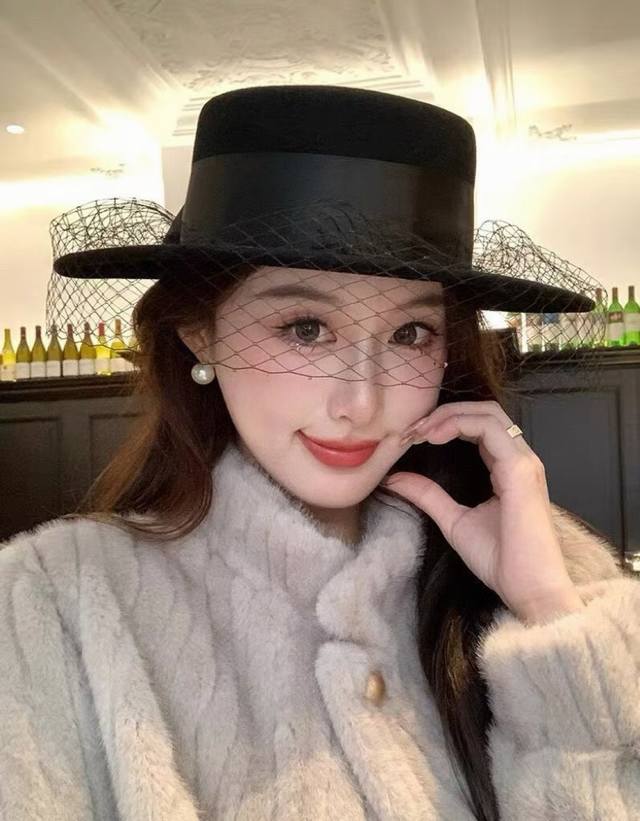 Chanel香奈儿羊毛平顶，网纱帽，百分百羊毛面料%头围57Cm