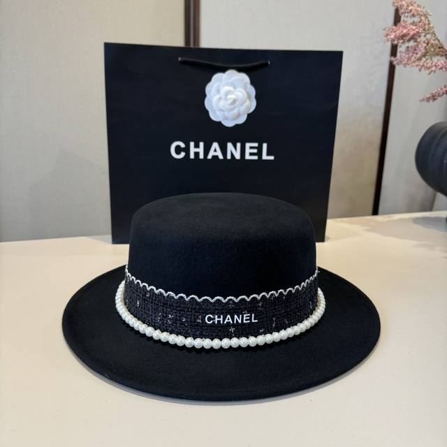 Chanel香奈儿新款羊毛礼帽，平顶礼帽，百分百羊毛面料%，头围57Cm