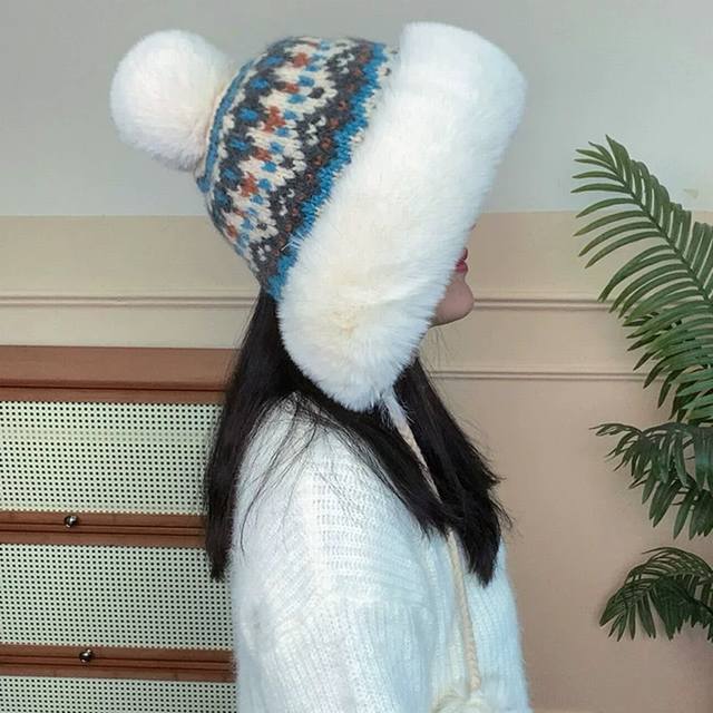 Gucci古奇 美拉德加绒雷锋帽子女秋冬加厚保暖 骑车护耳针织毛线帽东北滑雪帽