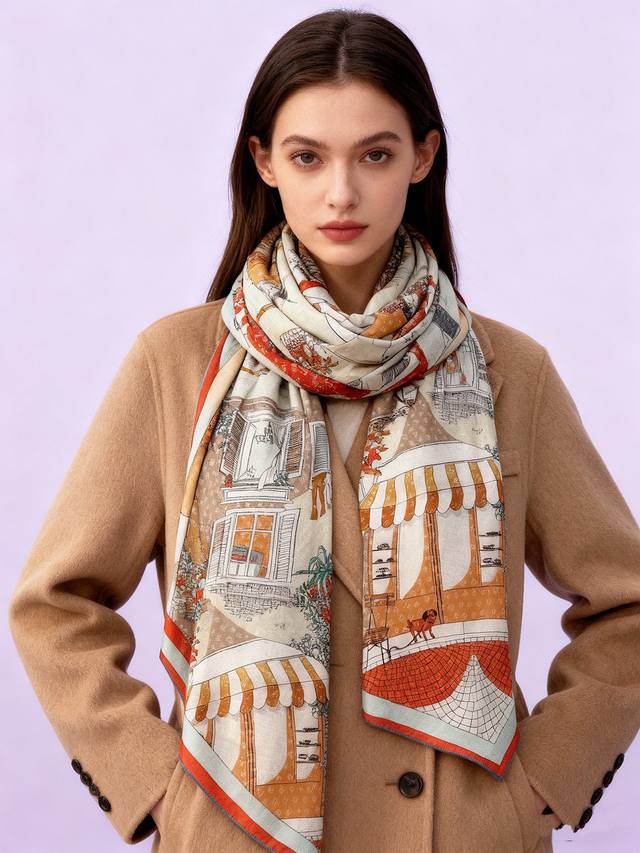 Fendi方形围巾 丝绒材质。采用定制的“Walking Around Rome”图案，灵感源自罗马的历史街区。图案设计以微型Ff为背景，将标志性品牌元素与传统