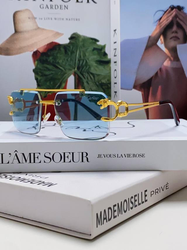 Cartier卡地亚 双梁切边无框太阳镜个性优雅男女皆可浮夸复古风豹子头装饰墨镜