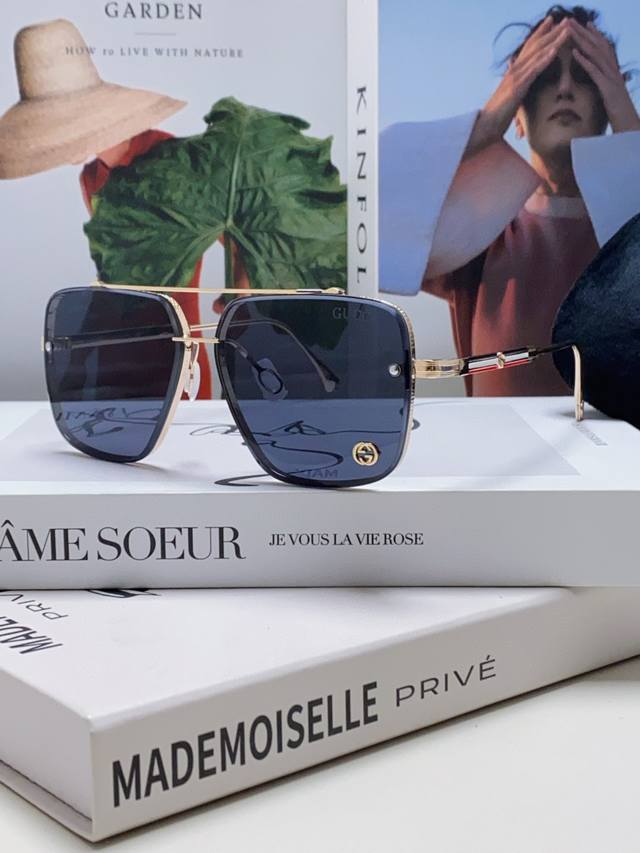 Gucci古奇 2025新款墨镜男士欧美时尚双梁切边金属太阳镜男士 街拍潮墨太阳镜 飞行员方框墨镜