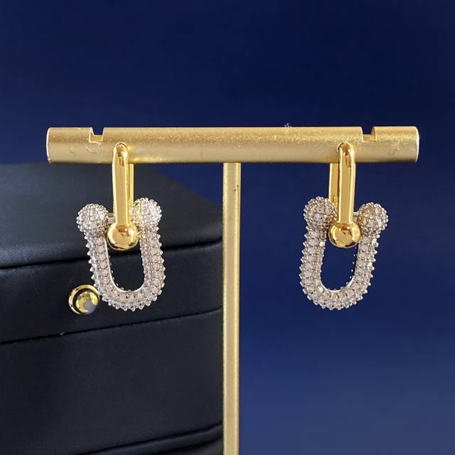 耳环 Tfn蒂芙尼Tiffany欧美时尚粗款金色光面拼接银色镶钻竹节U形马蹄扣耳环 黄铜材料电镀18K金 耳环重约10.5G 尺寸约3Cm*1.3Cm*1.3C