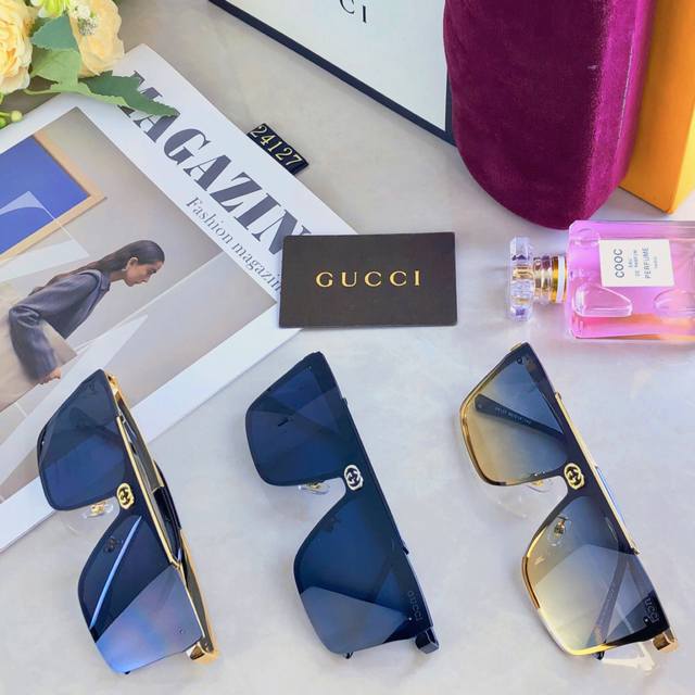 Gucc*一体式墨镜男女高级感Ins显脸小黑色网红潮流情侣太阳镜大脸显瘦