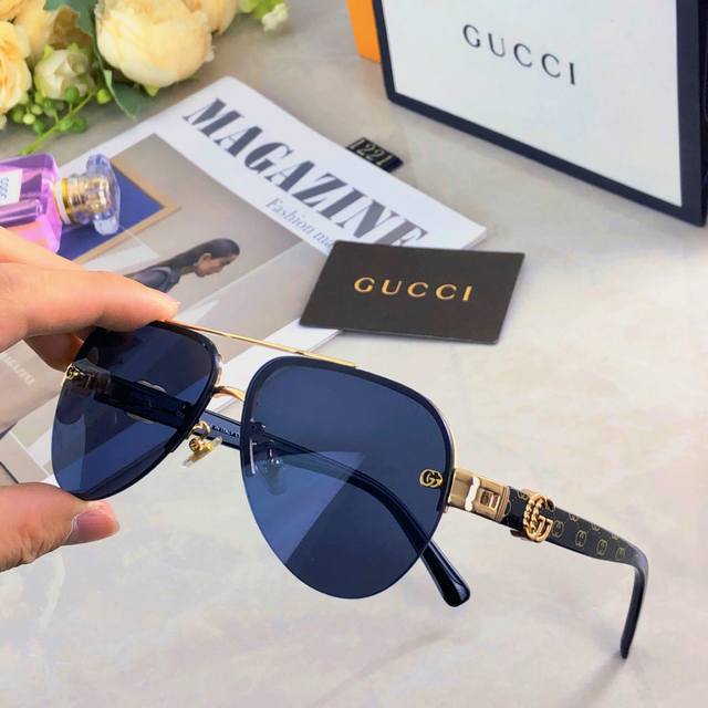 Gucc*新款半框双梁太阳镜男女高级感开车防晒蛤蟆太阳眼镜时尚金属墨镜